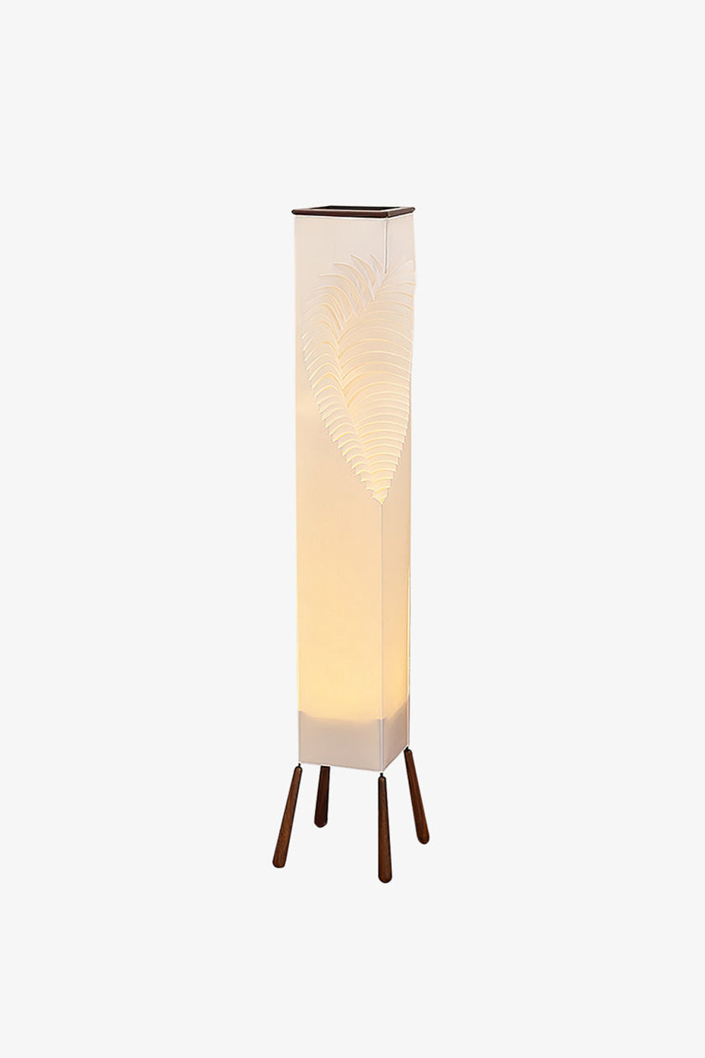 Nori Sculptural Leaf Floor Lamp | Fabric, Wood | Front centered studio shot showcasing the full vertical geometric silhouette of the unlit leaf lamp | vexa lamps