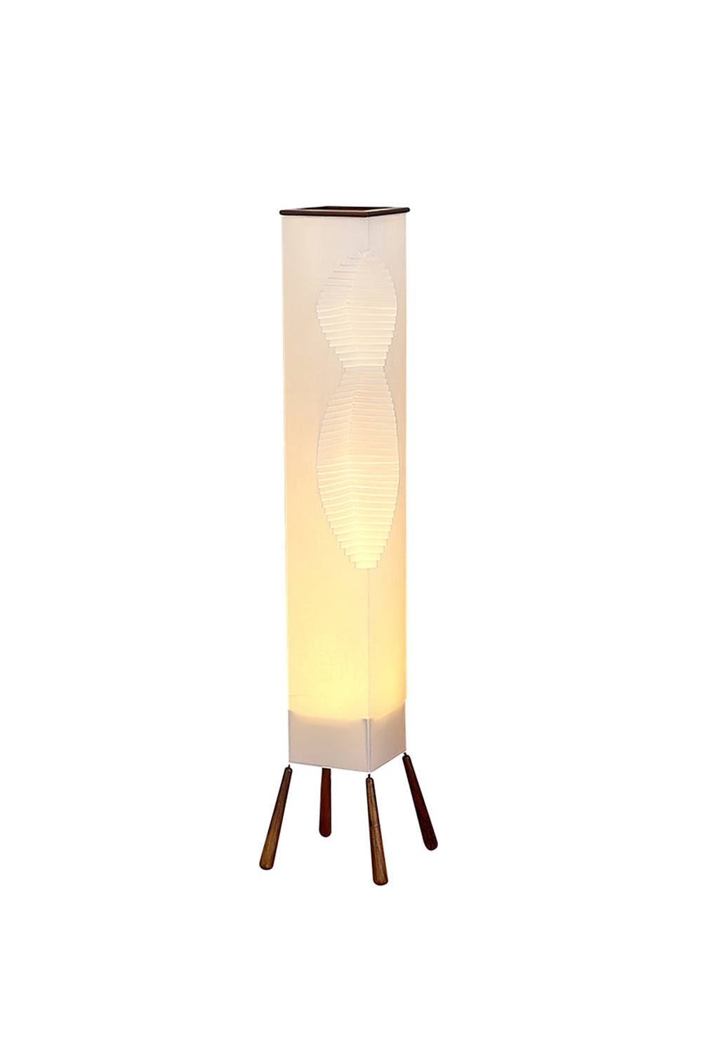 Nori Sculptural Leaf Floor Lamp | Fabric, Wood | Tall minimalist column floor lamp featuring a wavy sculptural leaf-like shade casting a warm glow on a four-legged wood tripod base | Isolated lit product shot on white background | vexa lamps