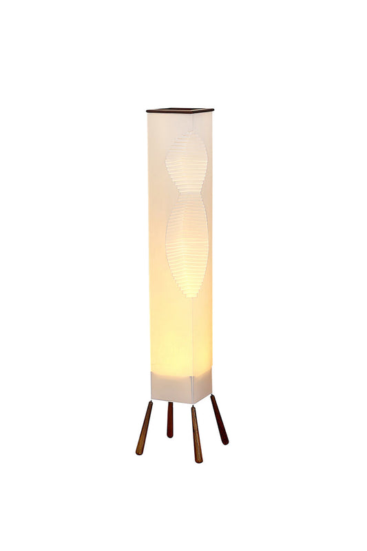 Nori Sculptural Leaf Floor Lamp | Fabric, Wood | Tall minimalist column floor lamp featuring a wavy sculptural leaf-like shade casting a warm glow on a four-legged wood tripod base | Isolated lit product shot on white background | vexa lamps