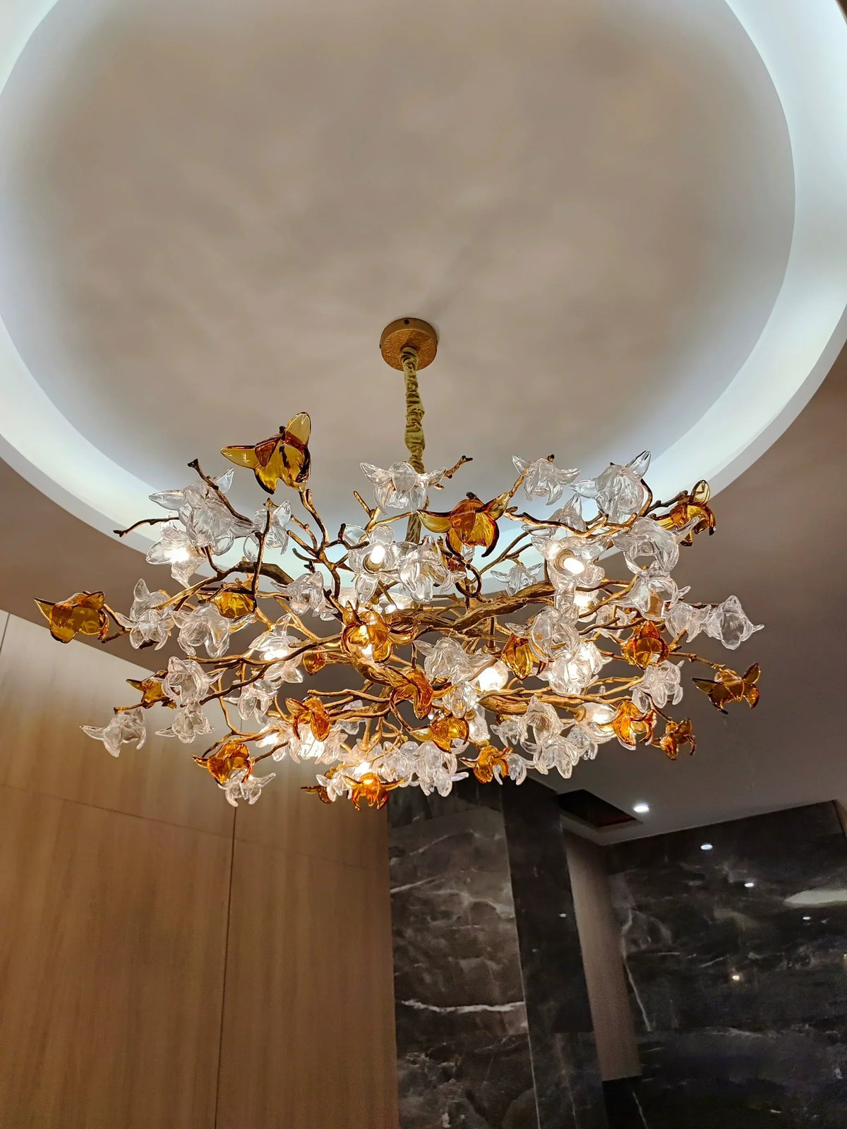 Designer Favorite Brass Branch Chandelier with Artistic Flower Glass for Dining Room Living Room and Kitchen Island