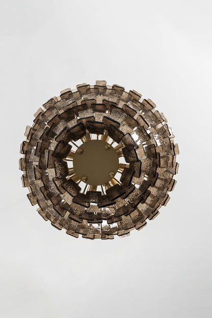 Octavia Sculptural Smoked Glass Chandelier | Ceiling Perspective | Alternative bottom-up studio view of the circular sculptural glass chandelier against a clean white backdrop | vexa lamps