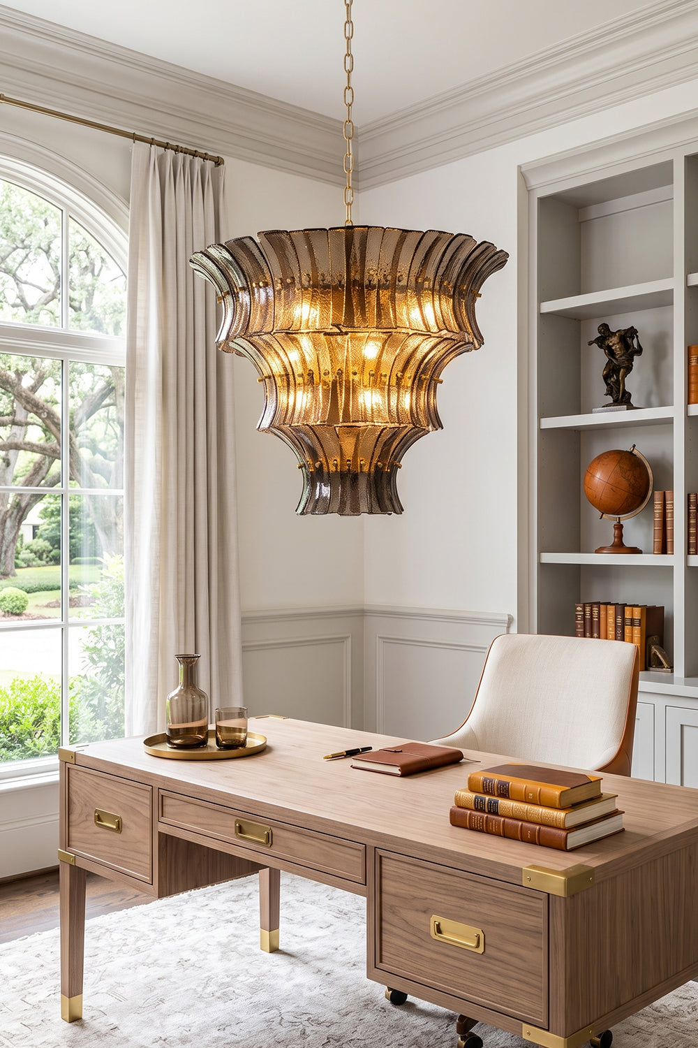 Octavia Sculptural Smoked Glass Chandelier | Home Office Lighting | Suspended as a sophisticated statement light in a refined home study above a large wood executive writing desk | vexa lamps