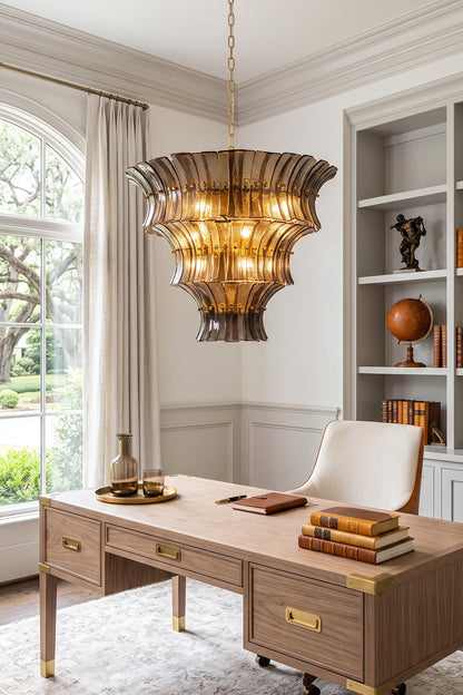 Octavia Sculptural Smoked Glass Chandelier | Home Office Lighting | Suspended as a sophisticated statement light in a refined home study above a large wood executive writing desk | vexa lamps
