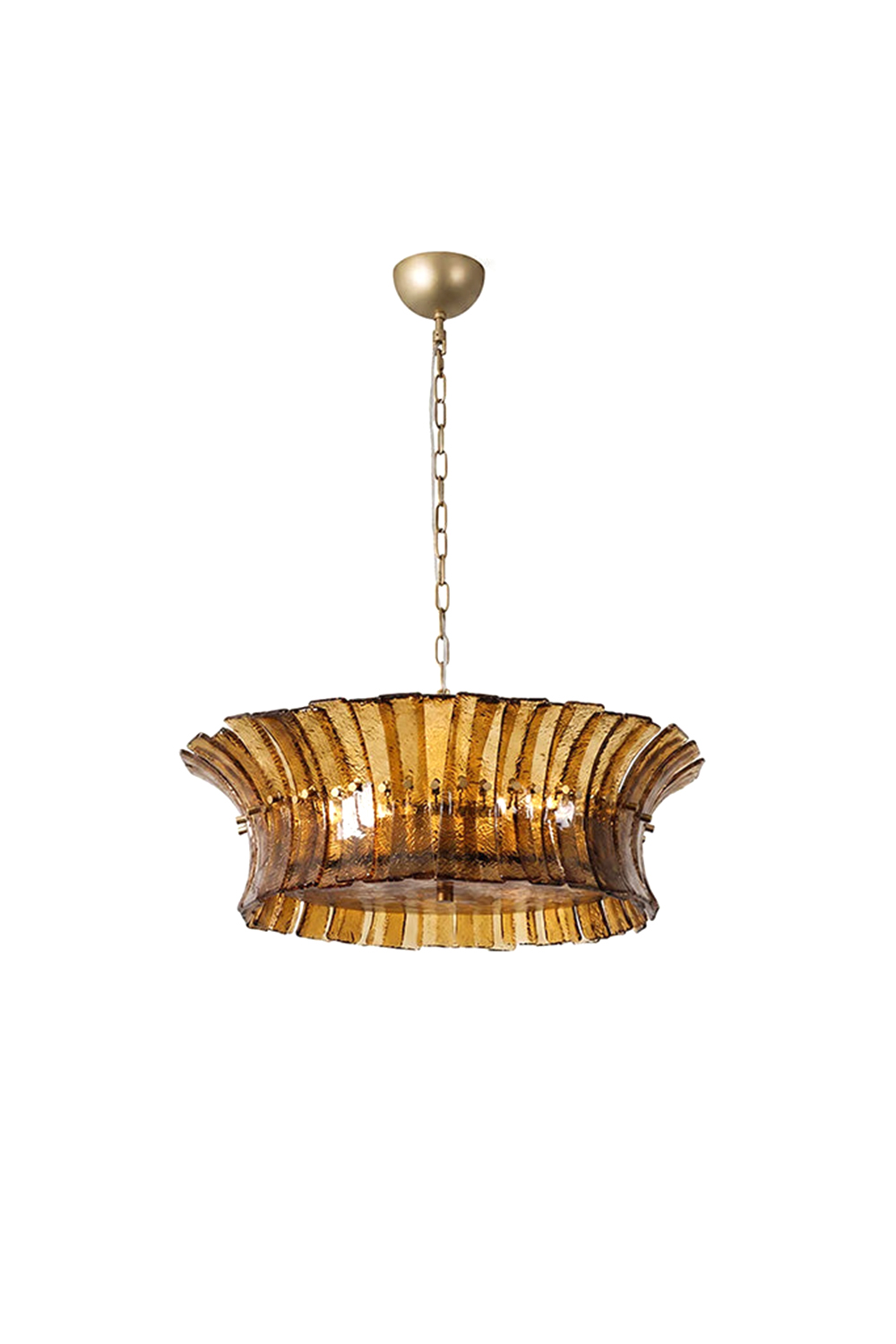 Octavia Sculptural Smoked Glass Chandelier | Smoked Glass, Brass | Isolated unlit view of a wide drum-shaped luxury chandelier featuring curved, textured amber-smoked glass panels arranged in a circular tier on a gold chain | White background | vexa lamps
