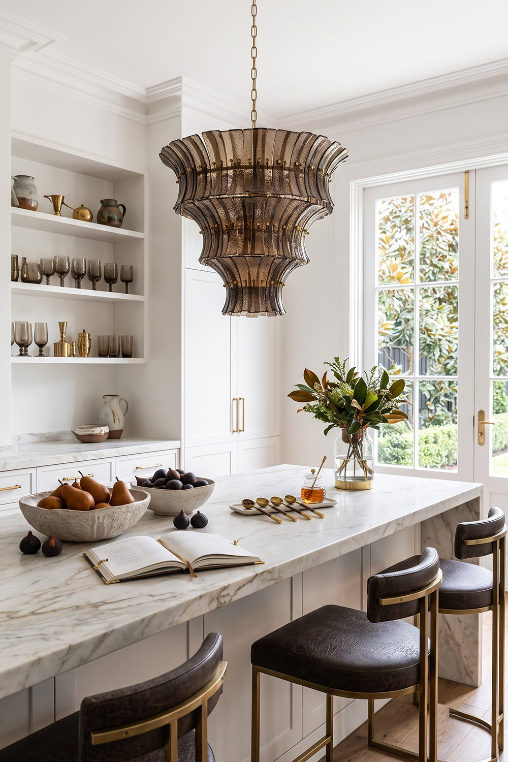 Octavia Sculptural Smoked Glass Chandelier | Home Office Lighting | Suspended as a sophisticated statement light in a refined home study above a large wood executive writing desk | vexa lamps