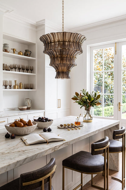 Octavia Sculptural Smoked Glass Chandelier | Home Office Lighting | Suspended as a sophisticated statement light in a refined home study above a large wood executive writing desk | vexa lamps