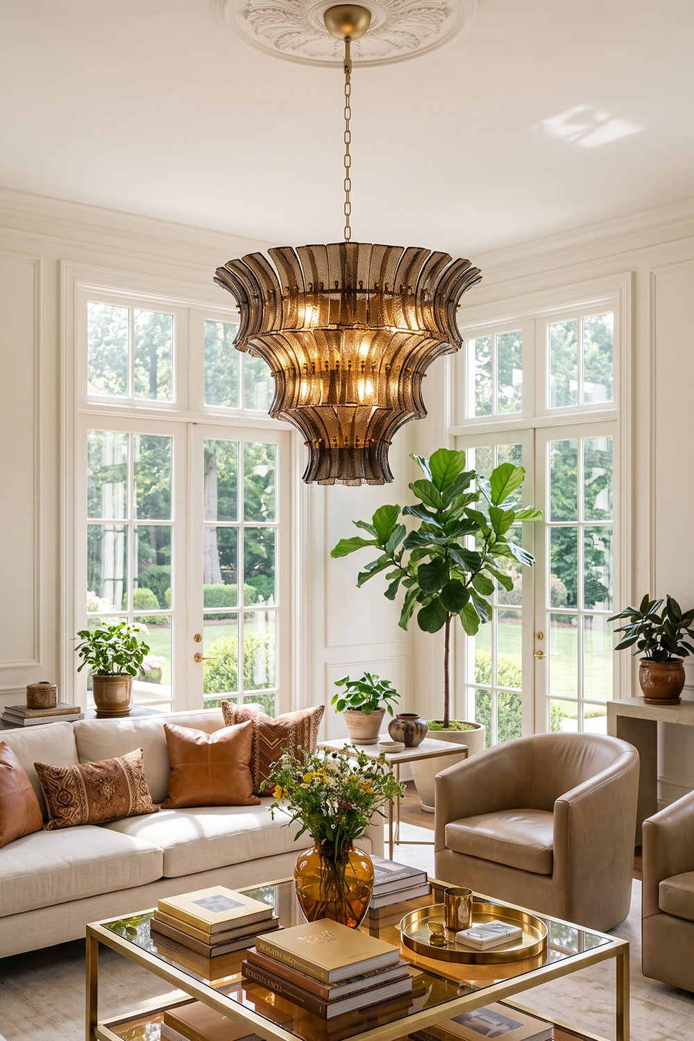Octavia Sculptural Smoked Glass Chandelier | Luxury Kitchen Light | The multi-tiered conical smoked glass fixture illuminating a spacious kitchen island bar with dark counter stools | vexa lamps