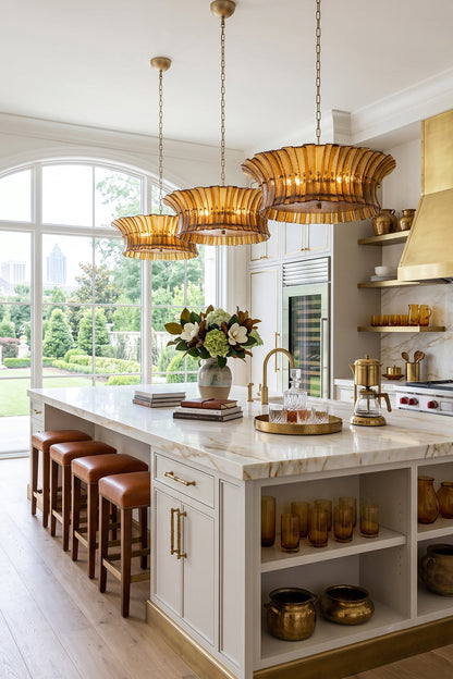 Octavia Sculptural Smoked Glass Chandelier | Modern Kitchen Lighting | Multiple elegant smoked glass chandeliers suspended over a pristine white marble waterfall island with tan barstools | vexa lamps