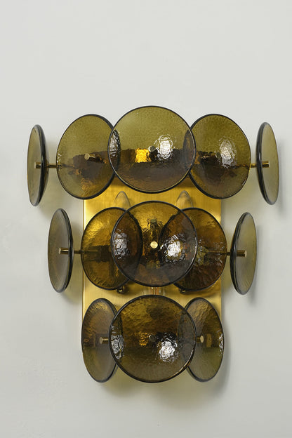 Unlit olive green glass disc wall lamp with tiered structure | Metal, Glass | Angled product view | vexa lamps