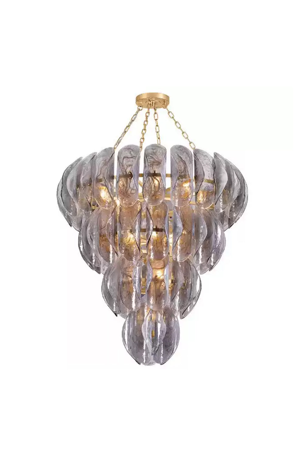 Ondine Cascading Leaf Glass Chandelier | Textured Smoked Glass and Gold Metal | Secondary standard studio product view isolated on a plain white background showing the full tiered shape | vexa lamps