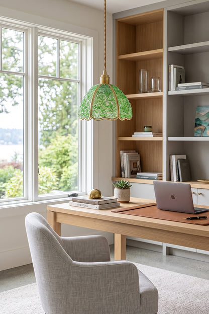 Ondine Mosaic Glass Pendant Light illuminating a modern workspace with a green mosaic shade above a wooden desk.