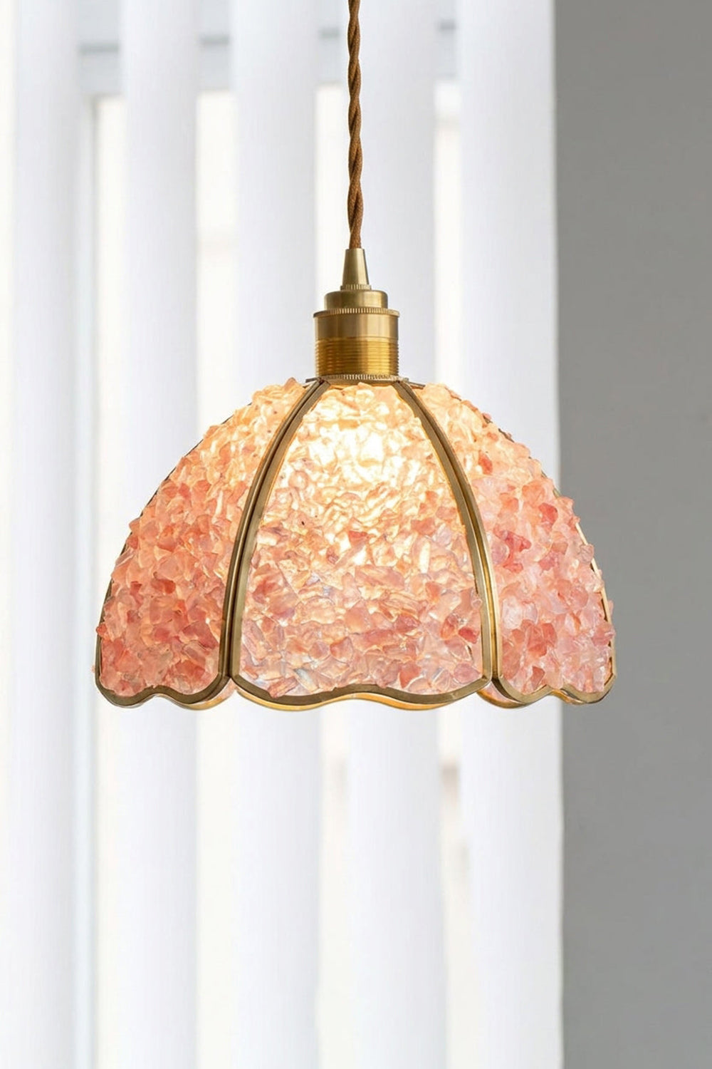 Ondine Mosaic Glass Pendant Light with pink crushed glass chips and scalloped brass frame, perfect for kitchen or bedside lighting.