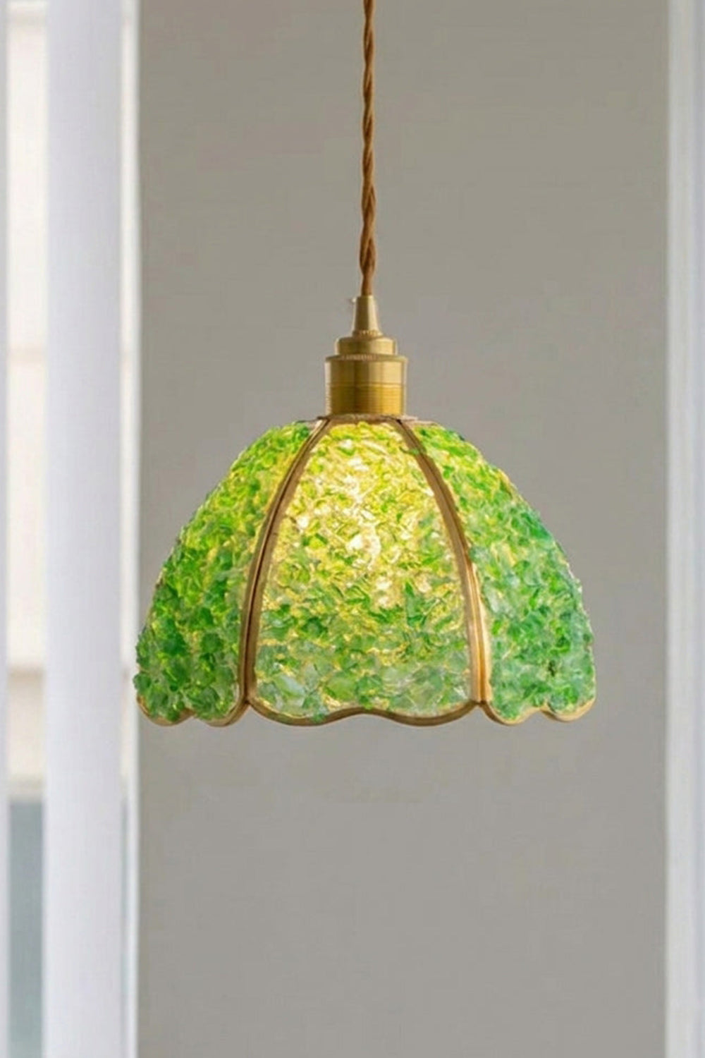 Ondine Mosaic Glass Pendant Light featuring a scalloped brass-toned frame with vibrant green crushed glass chips.