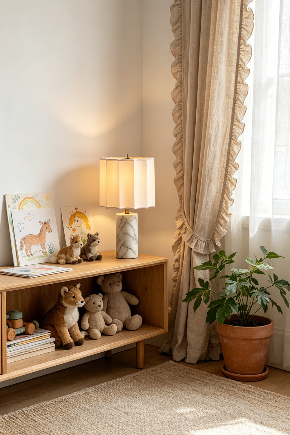 Orbis Veil Pleated Marble Table Lamp illuminating a cozy room with plush toys, books, and green potted plant.