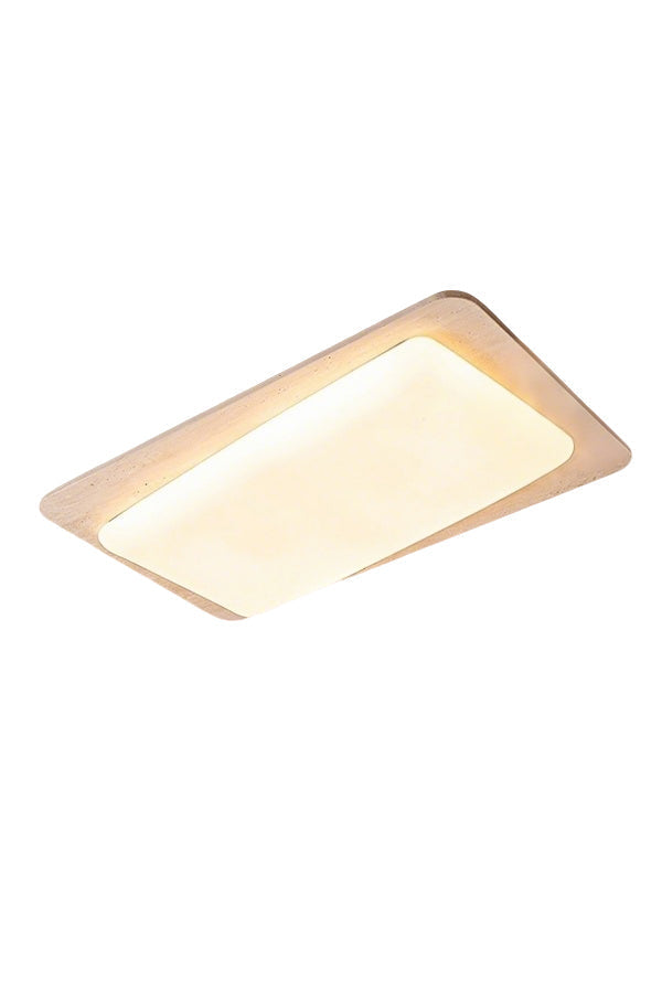 Lit organic travertine rectangular ceiling light with acrylic diffuser | Yellow Travertine, Acrylic | Front view isolated on white background | vexa lamps