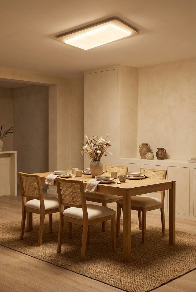 Travertine rectangular light in a dining area | Yellow Travertine, Acrylic | Centered over a wooden dining table with chairs | vexa lamps