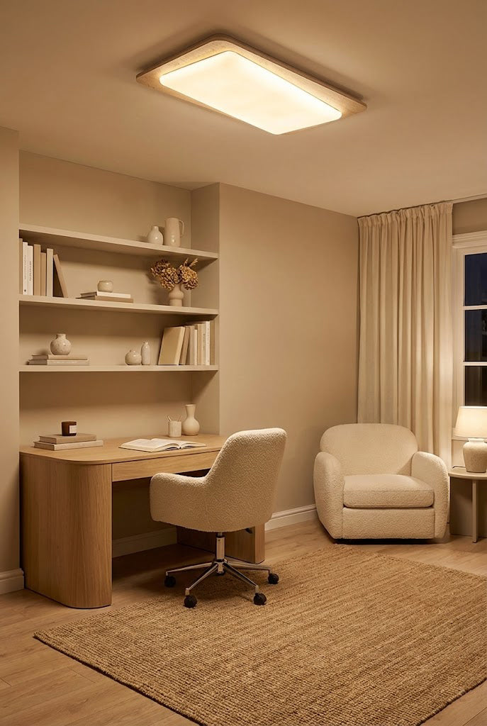 Travertine office ceiling light | Yellow Travertine, Acrylic | Installed in a study with a desk and shelving | vexa lamps