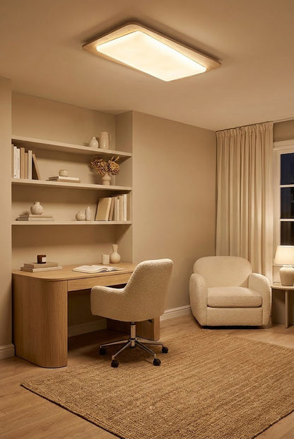 Travertine office ceiling light | Yellow Travertine, Acrylic | Installed in a study with a desk and shelving | vexa lamps
