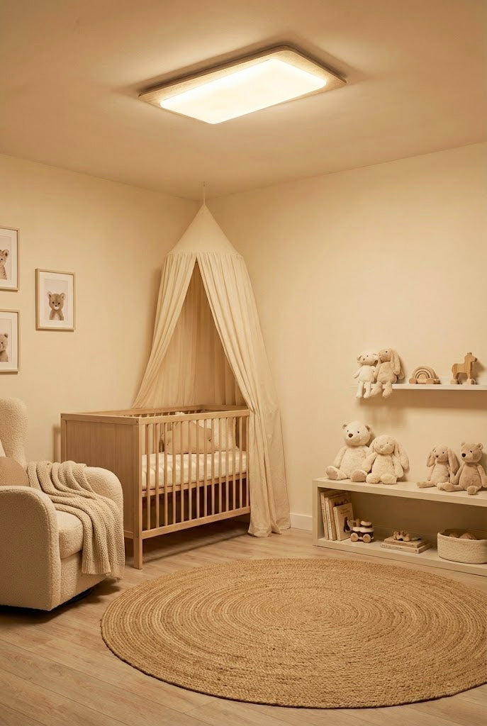 Organic travertine light in a nursery | Yellow Travertine, Acrylic | Installed in a baby room with a crib | vexa lamps