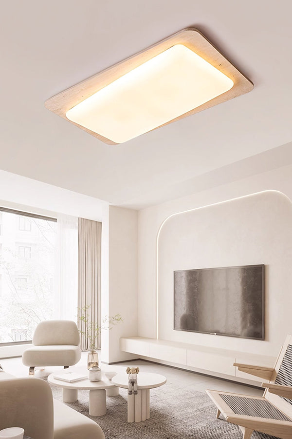 Modern travertine light in a large lounge | Yellow Travertine, Acrylic | Bright living room interior with TV wall | vexa lamps