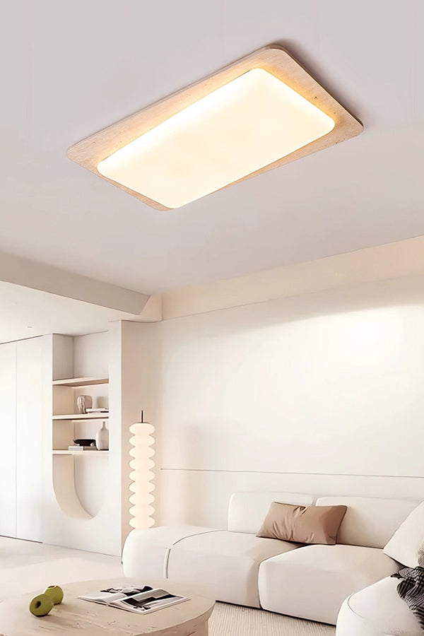 Rectangular stone ceiling light view 1 | Yellow Travertine, Acrylic | Installed on a white ceiling with warm glow | vexa lamps
