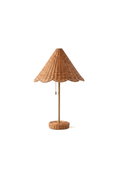 Osrilla Scalloped Rattan Table Lamp | Rattan, Brass | Isolated product shot of a bohemian style table lamp featuring a scalloped conical woven rattan shade and matching wrapped rattan base connected by a slim brass stem | White background | vexa lamps