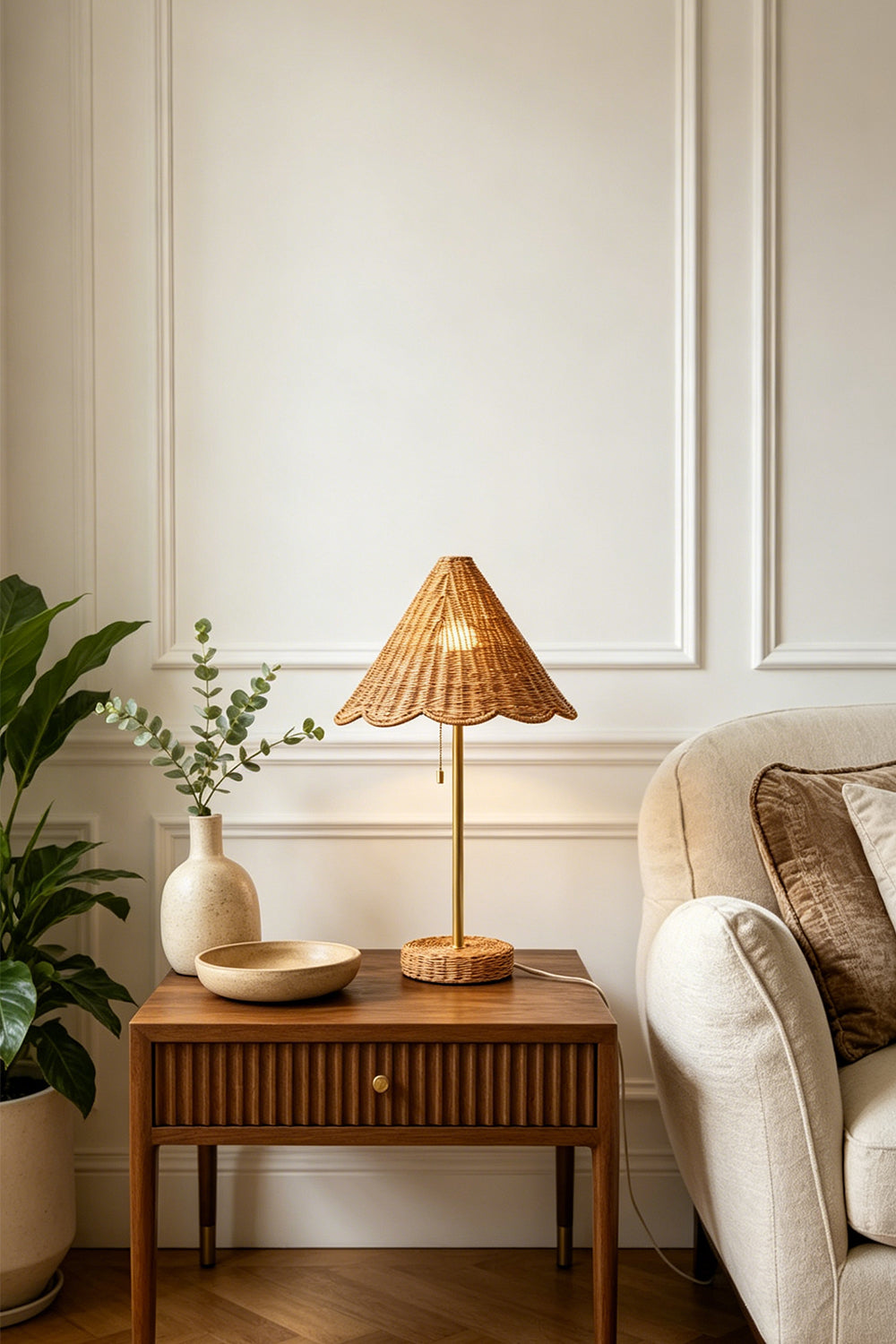 Osrilla Scalloped Rattan Table Lamp | Rattan, Brass | Positioned elegantly on a dark wood side nightstand against a white classic paneled wall, casting a cozy golden glow | vexa lamps