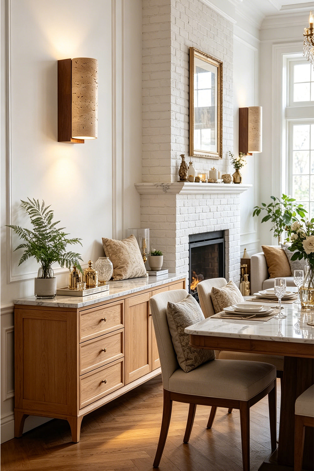 Outcrop Beige Travertine Wall Sconce | Travertine, Metal | Illuminating a sophisticated dining room, mounted on the wall near a wooden sideboard cabinet and a formal dining table | vexa lamps