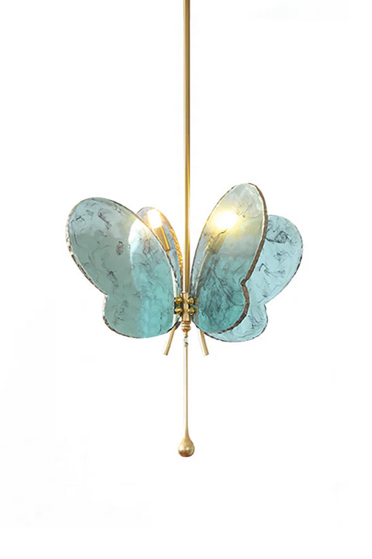 Papillon Glass Butterfly Pendant Lamp | Glass, Metal | Fully lit whimsical blue glass butterfly pendant light with a polished brass hardware frame and drop rod | Isolated lit product shot on white background | vexa lamps