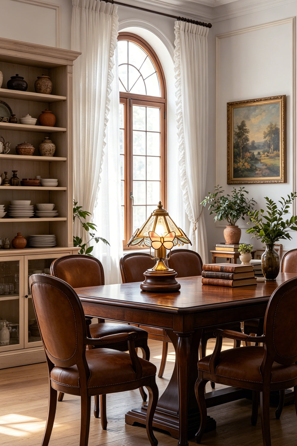 Papillon Heirloom Stained Table Lamp | Wood, Glass, Metal | Centered on a dark wood dining table surrounded by classic leather upholstered dining chairs | vexa lamps