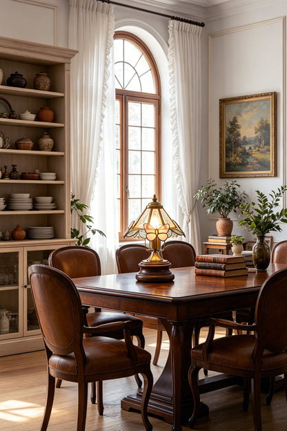 Papillon Heirloom Stained Table Lamp | Wood, Glass, Metal | Centered on a dark wood dining table surrounded by classic leather upholstered dining chairs | vexa lamps