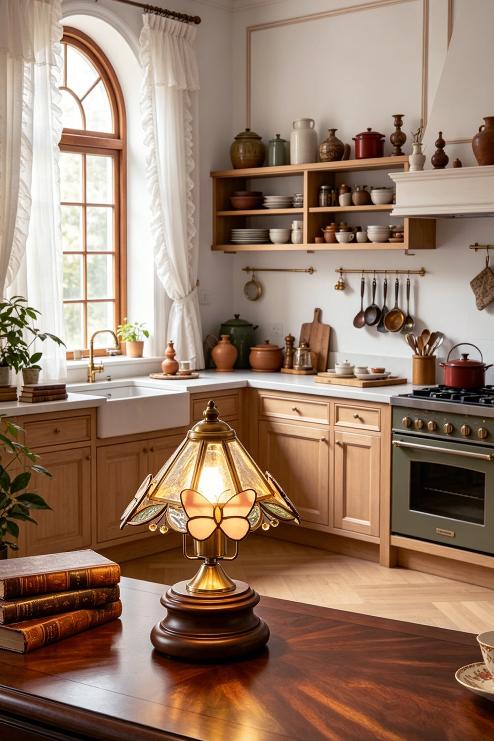 Papillon Heirloom Stained Table Lamp | Wood, Glass, Metal | Lit on a wooden counter in a warm, rustic kitchen with open wooden cabinetry and an arched window | vexa lamps