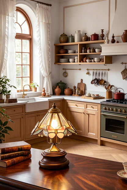Papillon Heirloom Stained Table Lamp | Wood, Glass, Metal | Lit on a wooden counter in a warm, rustic kitchen with open wooden cabinetry and an arched window | vexa lamps