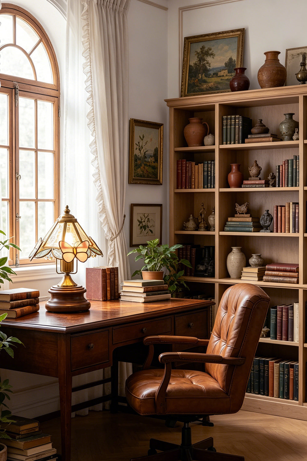 Papillon Heirloom Stained Table Lamp | Wood, Glass, Metal | Illuminating a traditional home office setup on a wooden writing desk next to a classic leather chair | vexa lamps