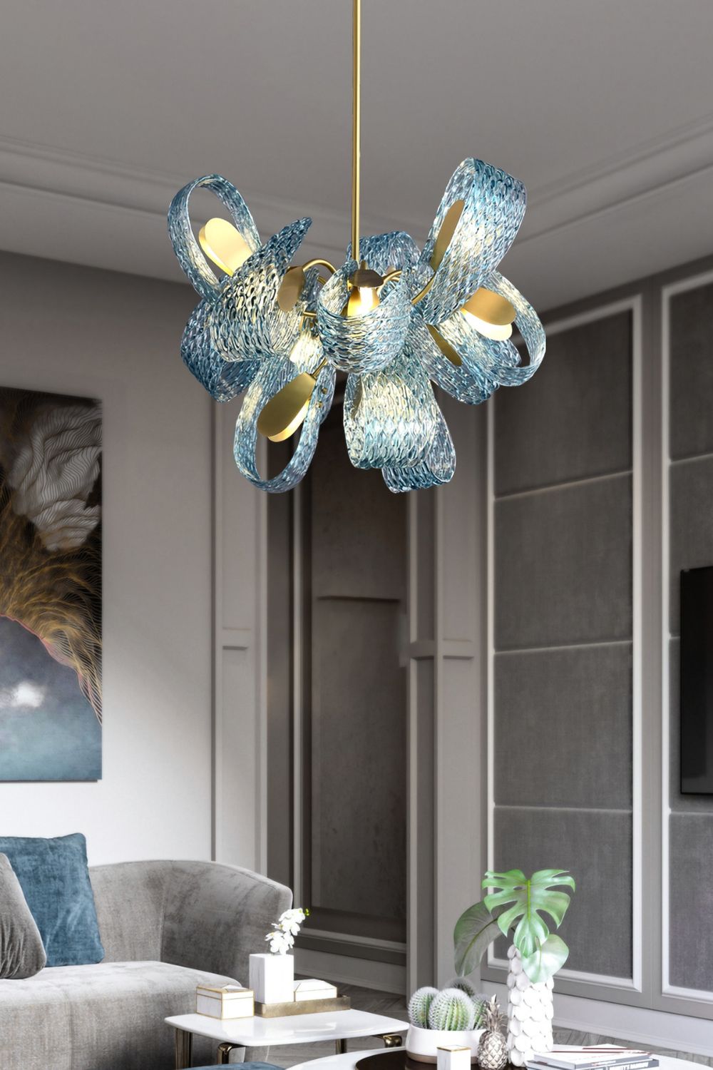 Petal Blue Glass Chandelier - everlamps