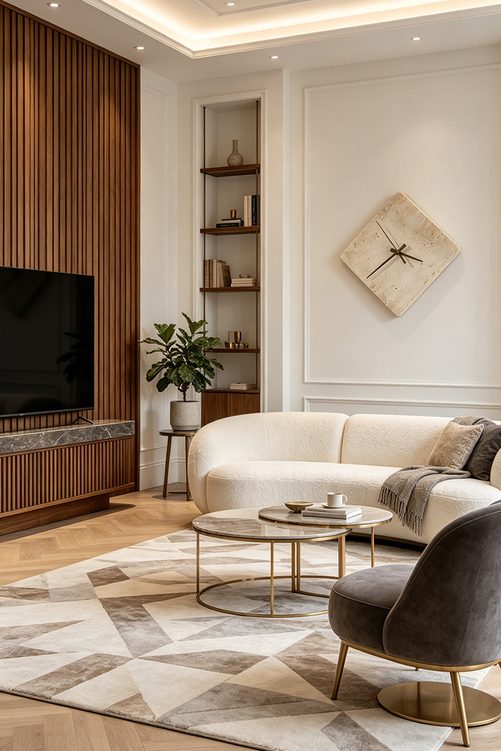 Petra Compass Travertine Backlit Wall Lamp | Travertine, Iron | Mounted on a wall as a decorative accent in a modern luxury living room with a curved cream sofa and wood paneling | vexa lamps