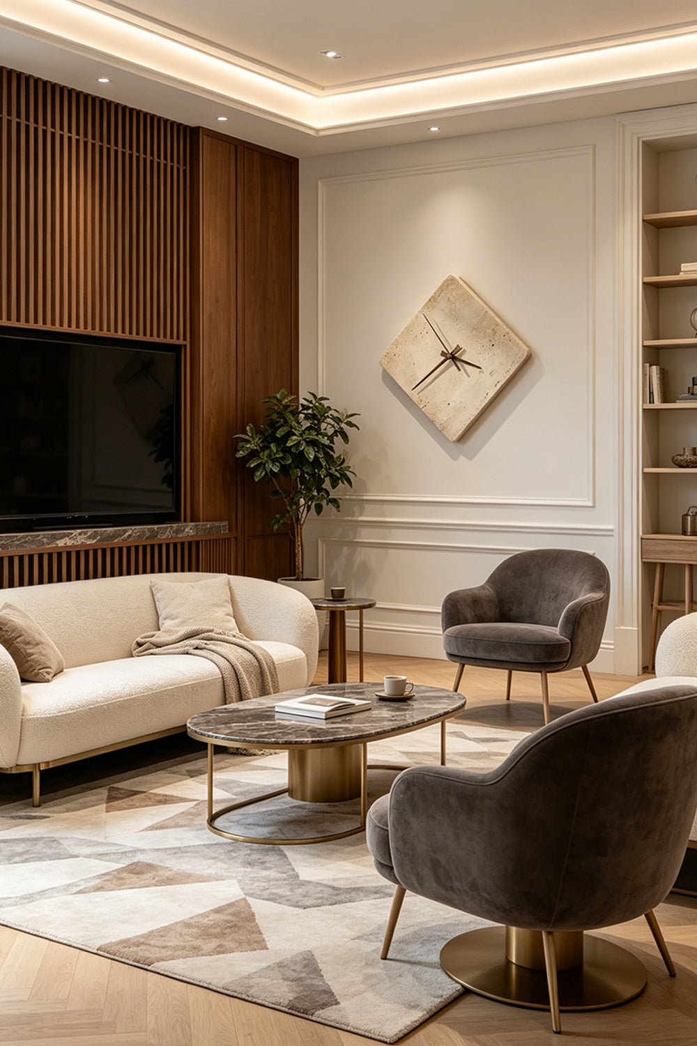 Petra Compass Travertine Backlit Wall Lamp | Travertine, Iron | Illumination in a sophisticated living room space featuring grey velvet armchairs and built-in bookshelves | vexa lamps Petra Compass