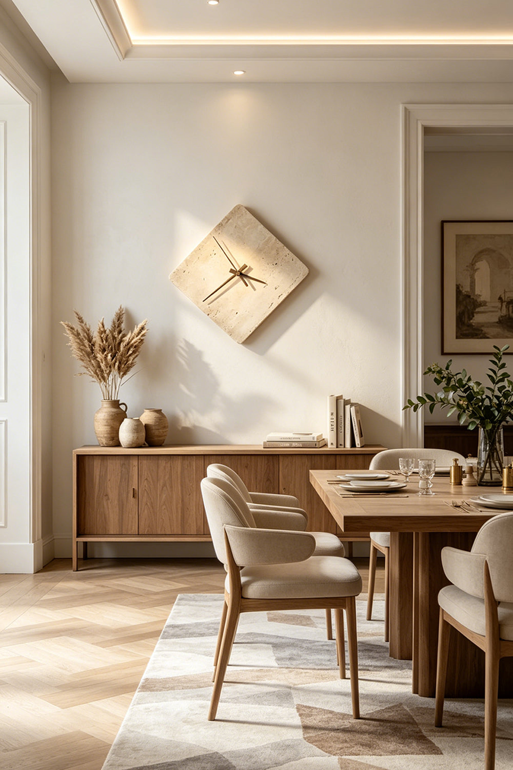 Petra Compass Travertine Backlit Wall Lamp | Travertine, Iron | Displayed on a neutral wall above a wooden sideboard cabinet in a warm, sunlit dining area | vexa lamps