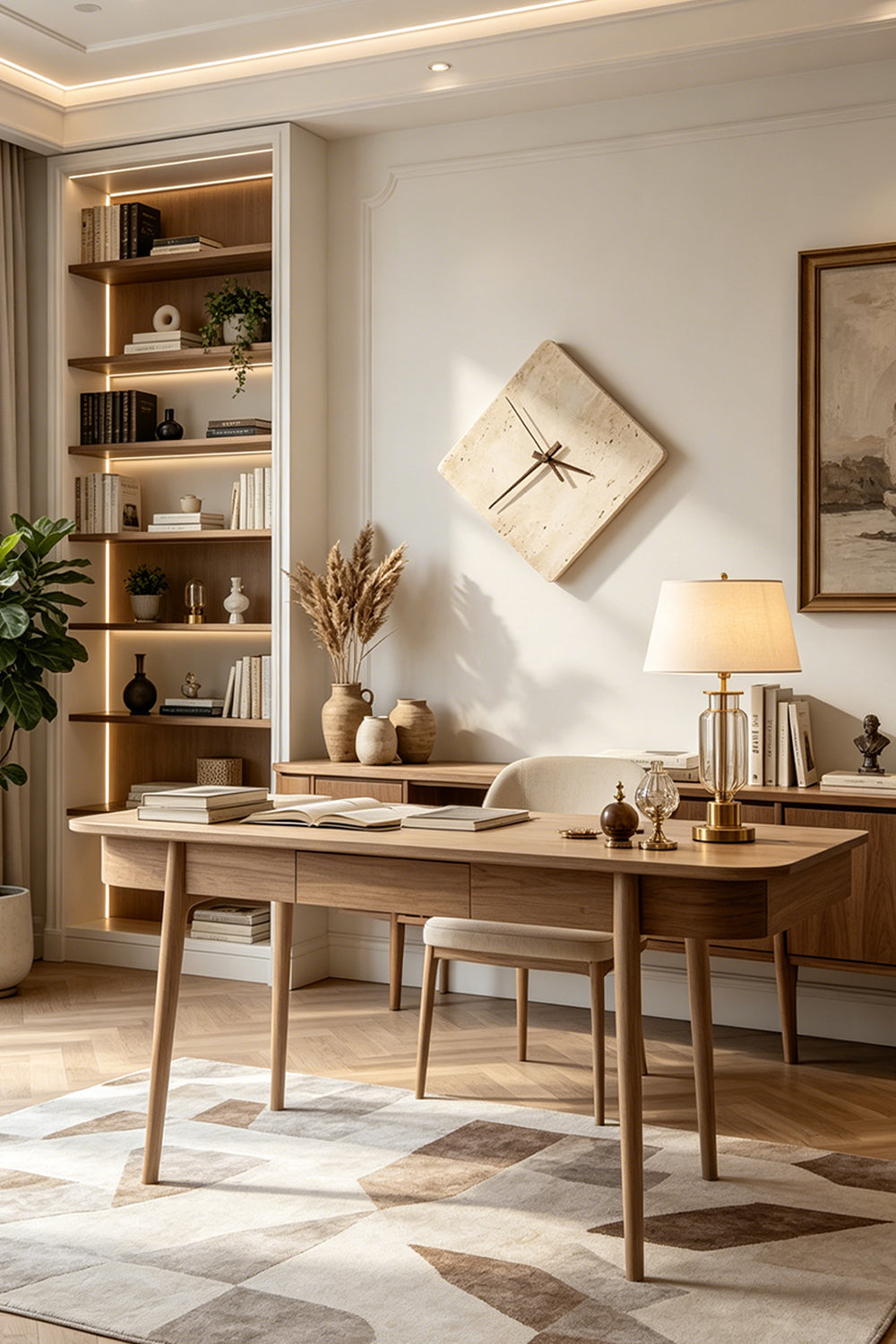 Petra Compass Travertine Backlit Wall Lamp | Travertine, Iron | Wall-mounted as artistic decor in a contemporary home office with a wooden desk and shelving unit | vexa lamps