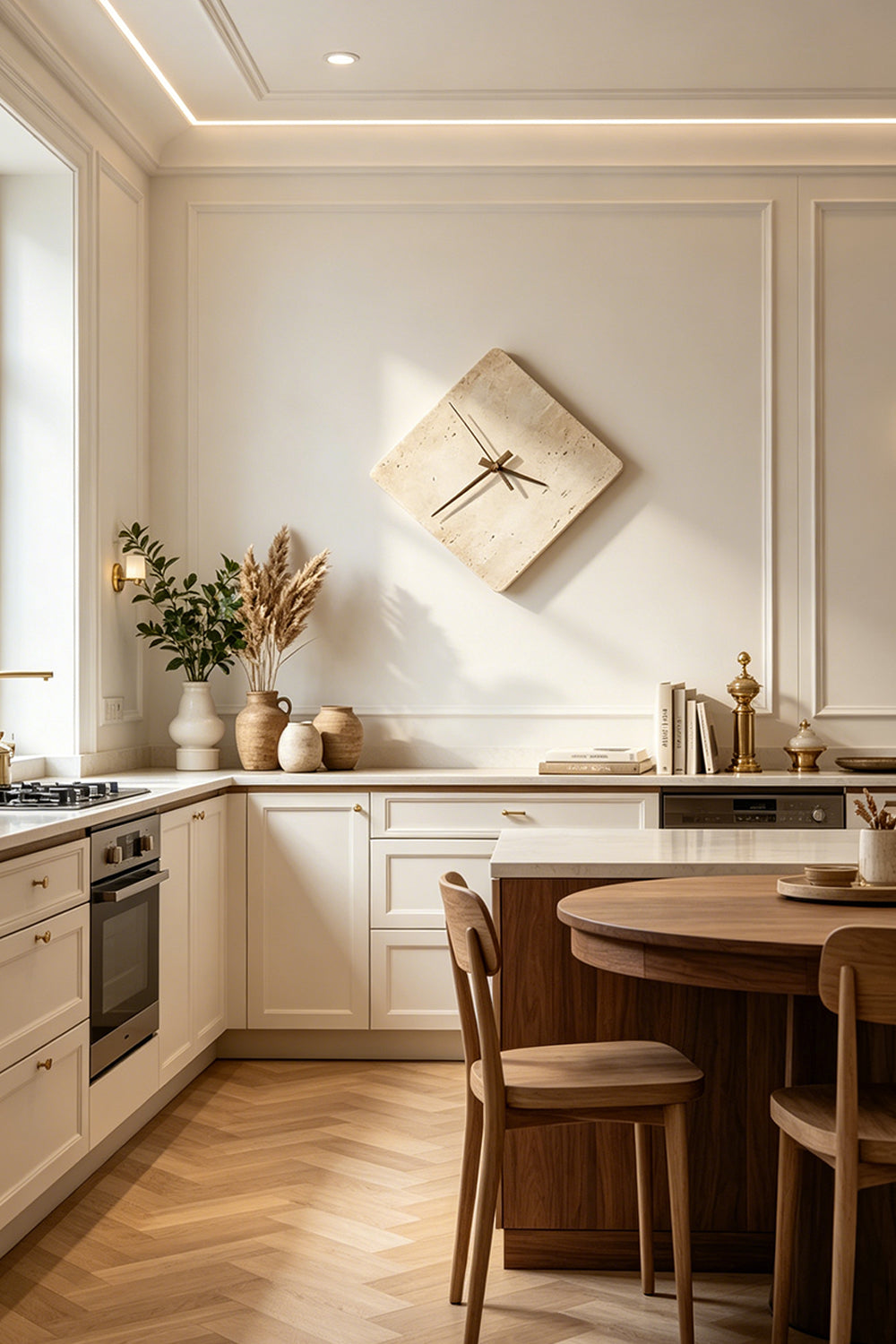 Petra Compass Travertine Backlit Wall Lamp | Travertine, Iron | Mounted in a clean modern kitchen and dining space with light wood cabinetry and a round table | vexa lamps