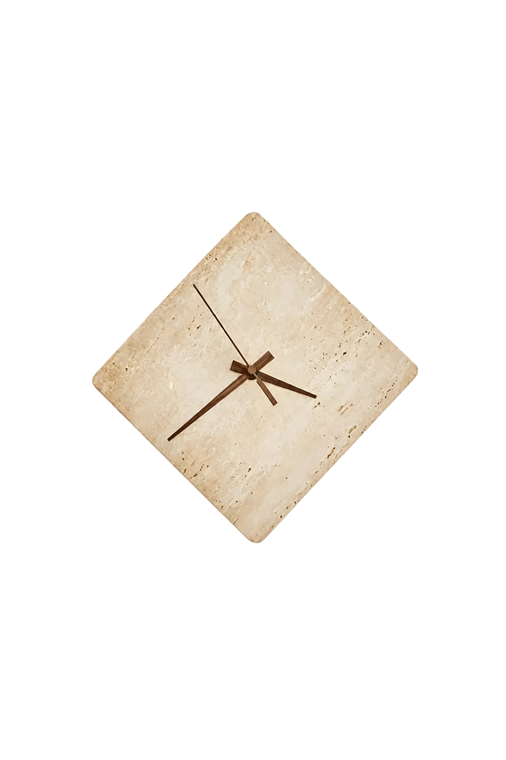 Petra Compass Travertine Backlit Wall Lamp | Travertine, Iron | Diamond-shaped natural beige travertine stone plate with minimalist dark metal hands | Isolated product shot on white background | vexa lamps