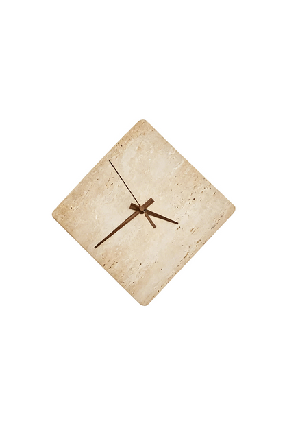 Petra Compass Travertine Backlit Wall Lamp | Travertine, Iron | Diamond-shaped natural beige travertine stone plate with minimalist dark metal hands | Isolated product shot on white background | vexa lamps