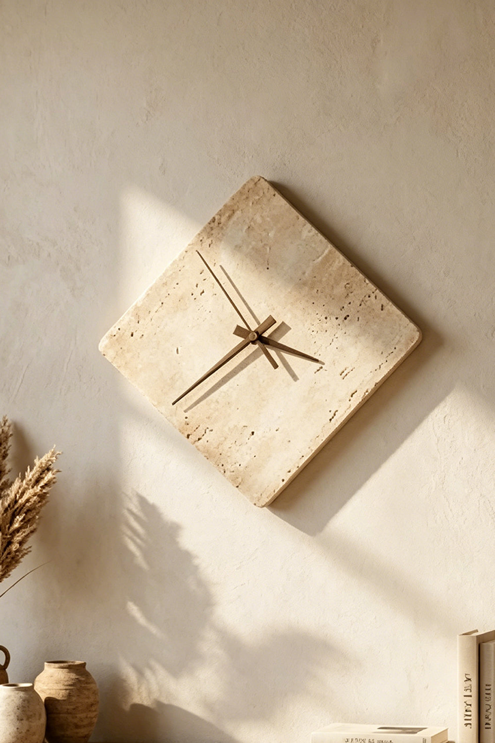 Petra Compass Travertine Backlit Wall Lamp | Travertine, Iron | Close-up view of the stone fixture on a plaster wall with dramatic sunlight and organic tree leaf shadows | vexa lamps
