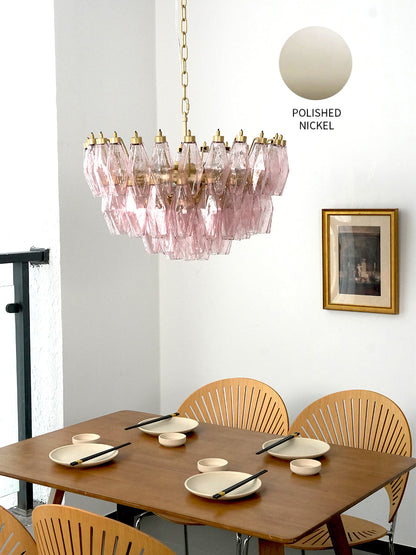 Pink Art Glass Polyhedron Tiered Chandelier with color swatch | Metal, Glass | Scene view with small product thumbnail | vexa lamps