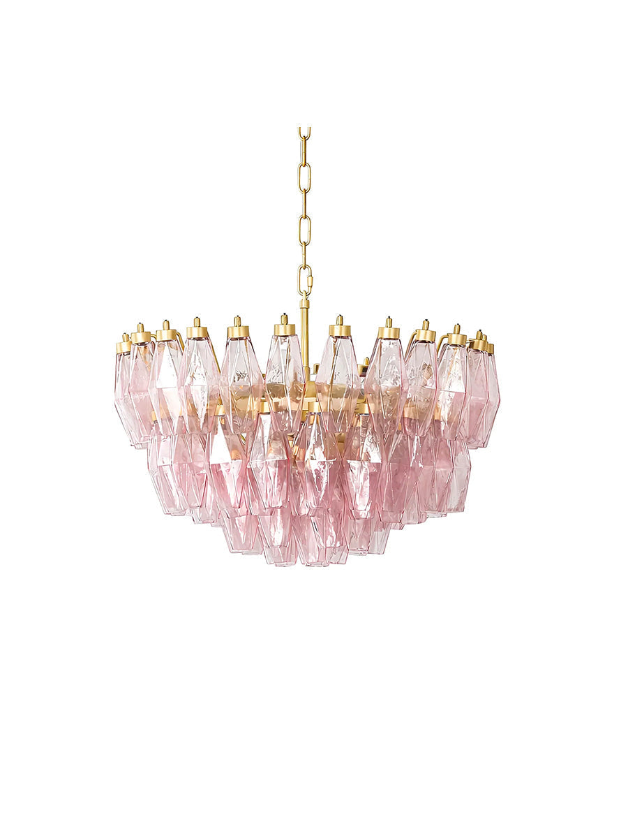 Tiered pink art glass polyhedron chandelier with brass hardware | Metal, Glass | Front view isolated on white background | vexa lamps