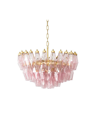 Tiered pink art glass polyhedron chandelier with brass hardware | Metal, Glass | Front view isolated on white background | vexa lamps