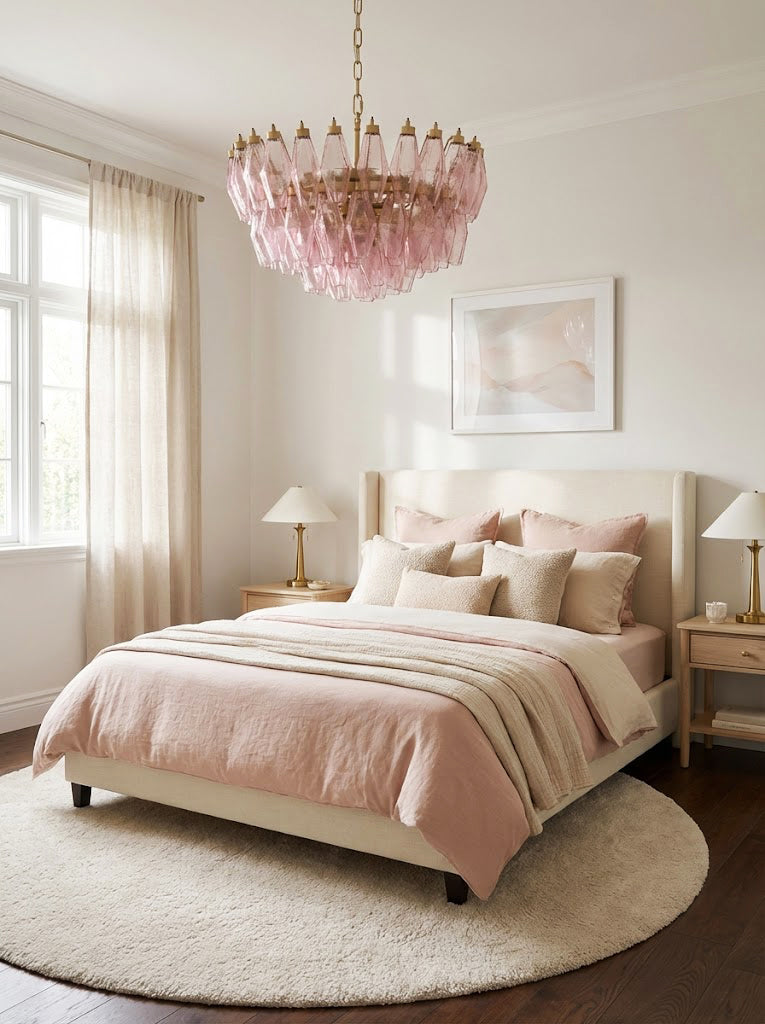Romantic pink glass tiered chandelier in a cozy bedroom | Metal, Glass | Centered over a bed with pink bedding | vexa lamps