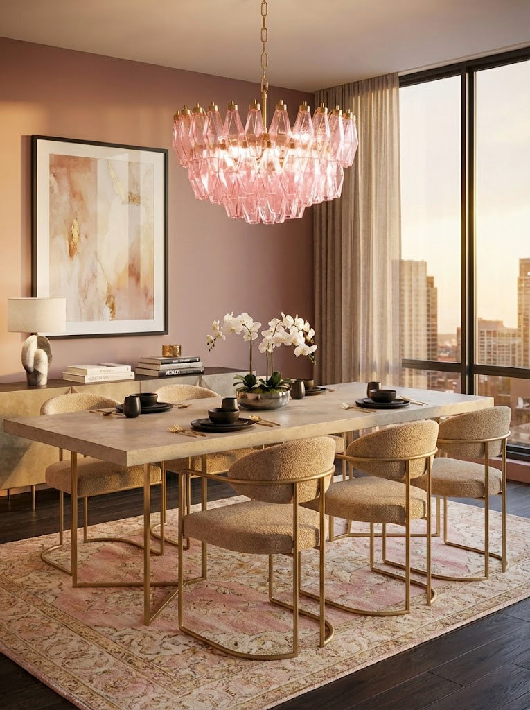 Luxurious pink art glass chandelier over long dining table | Metal, Glass | Formal dining room with gold chairs and natural light | vexa lamps