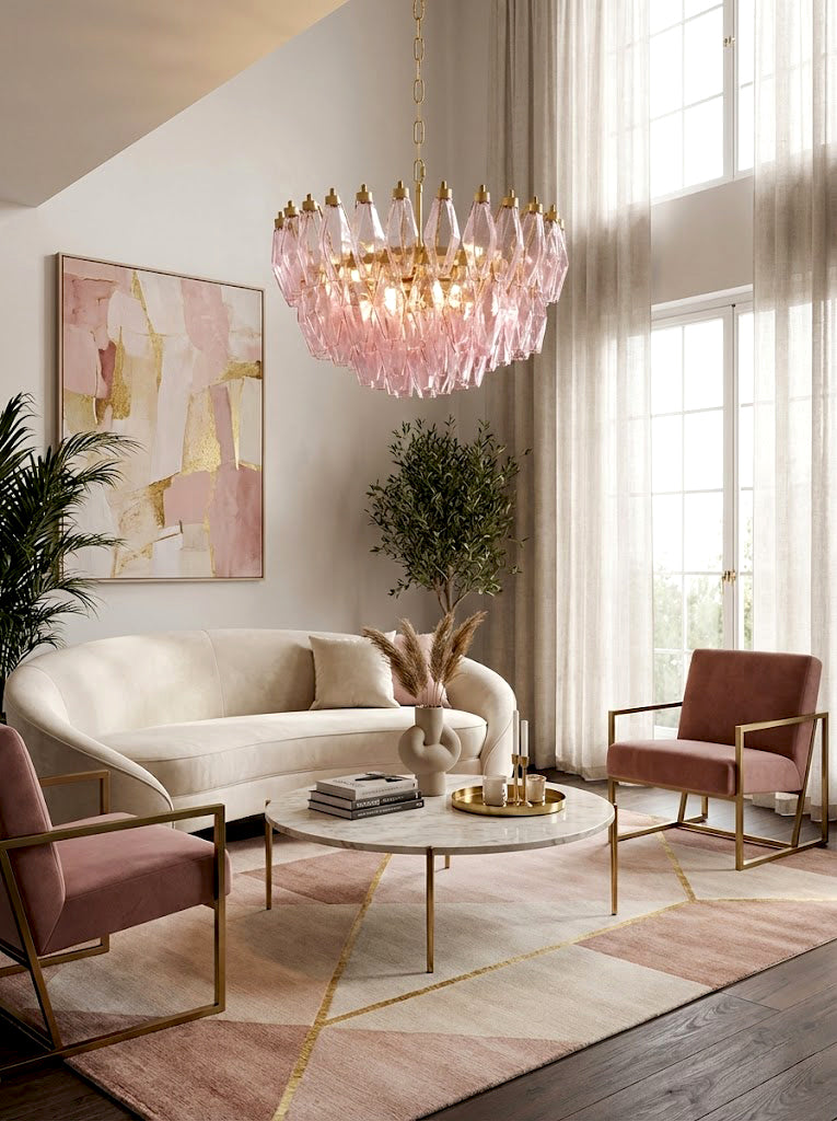 Pink art glass tiered chandelier in a contemporary home | Metal, Glass | Open-plan interior with pink accents and large windows | vexa lamps