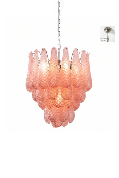 Amara Blush Cascading Glass Chandelier | Glass, Metal | Small isolated product shot of the lit pink cascading chandelier on a white background | vexa lamps